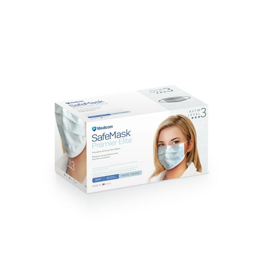 Medicom 2047 SafeMask Premier Elite Earloop Face Masks ASTM Level 3 White 50/Bx