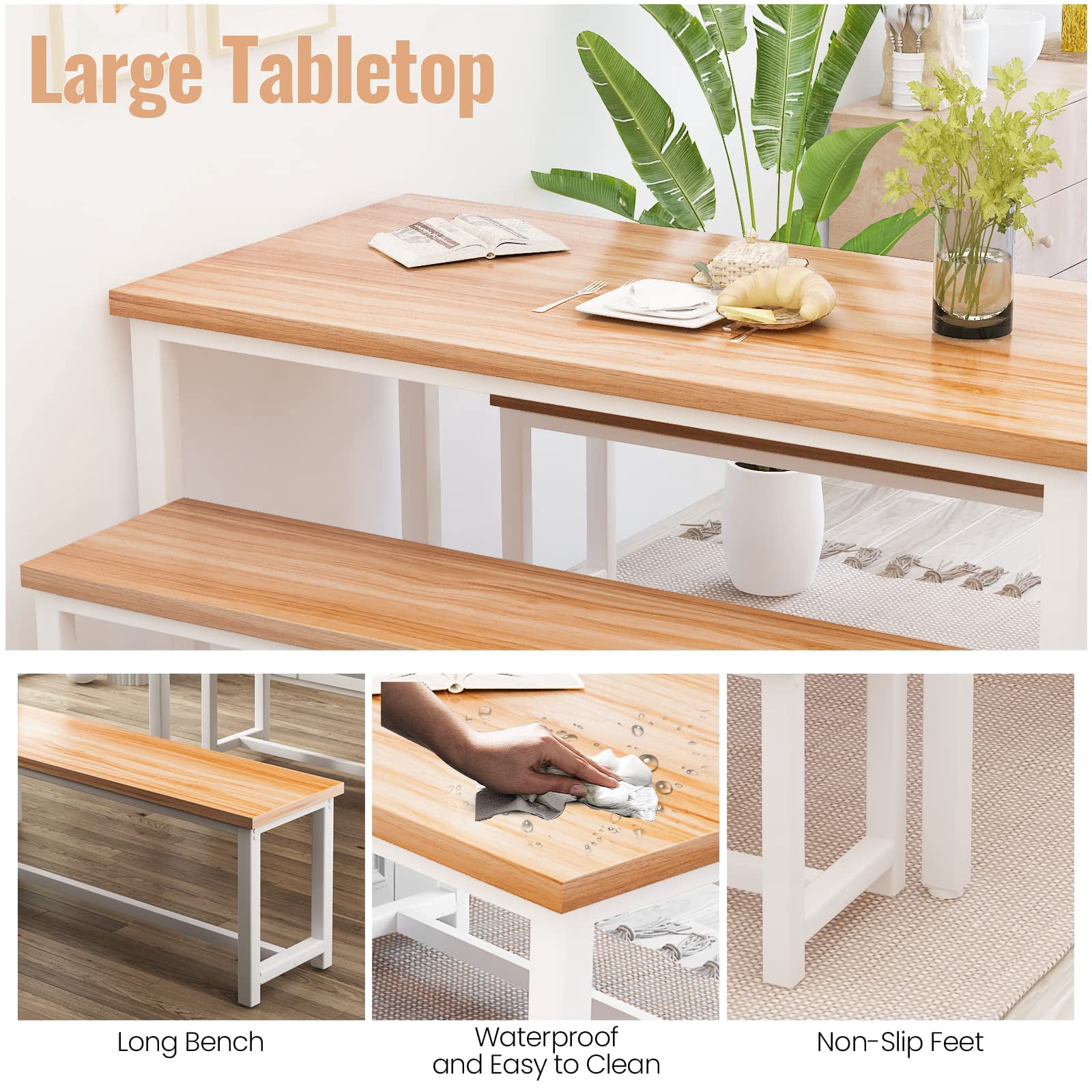 AWQM Dining Table Set with 2 Benches, Kitchen Table Set for 4,3 Piece Farmhouse Dining Room Table Set, Industrial Breakfast Nook Table Set for Small Space, Beige