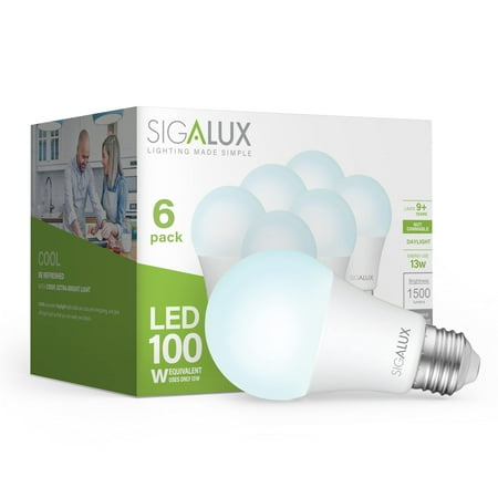 

Sigalux Light Bulbs 100 Watt Equivalent LED Bulbs A19 Daylight Standard Light Bulbs 5000K White Non-Dimmable 13W Energy Efficient Light Bulbs with E26 Medium Base 1500LM UL Listed 6 Pack