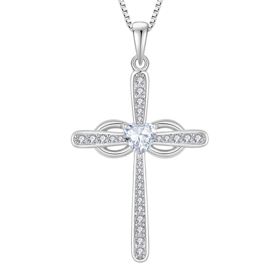 Inpasne Infinity Cross Necklace for Women 925 Sterling Silver Heart Cubic Zirconia Pendant April Birthstone Religious Jewelry Gifts for Her