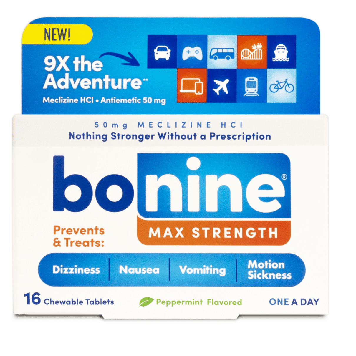 Bonine Max Strength Motion Sickness & Nausea Relief, Chewable Tablets, Peppermint, 16 ct