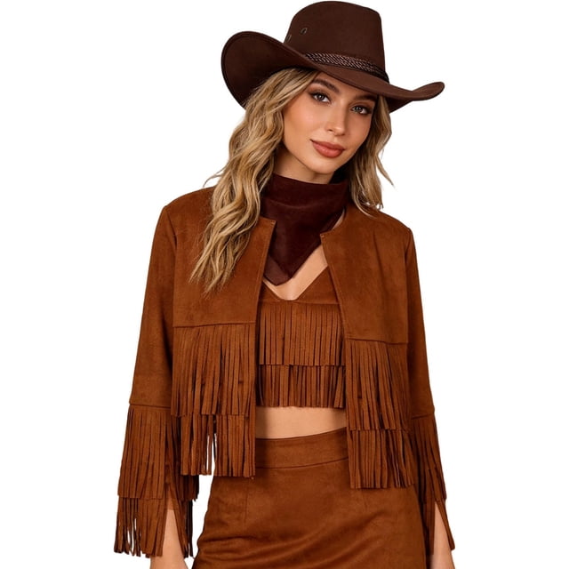 Ensemble Élégant avec Veste à Franges et Chapeau Bandana pour Occasions Festives et Spectacles