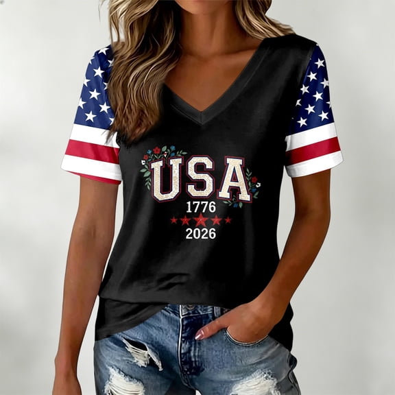 LINGLANG Fourth of July Shirts for Women, Patriotic American Flag V Neck T Shirt, Summer Casual July 4th USA 250th Anniversary Graphic Tee Tops
