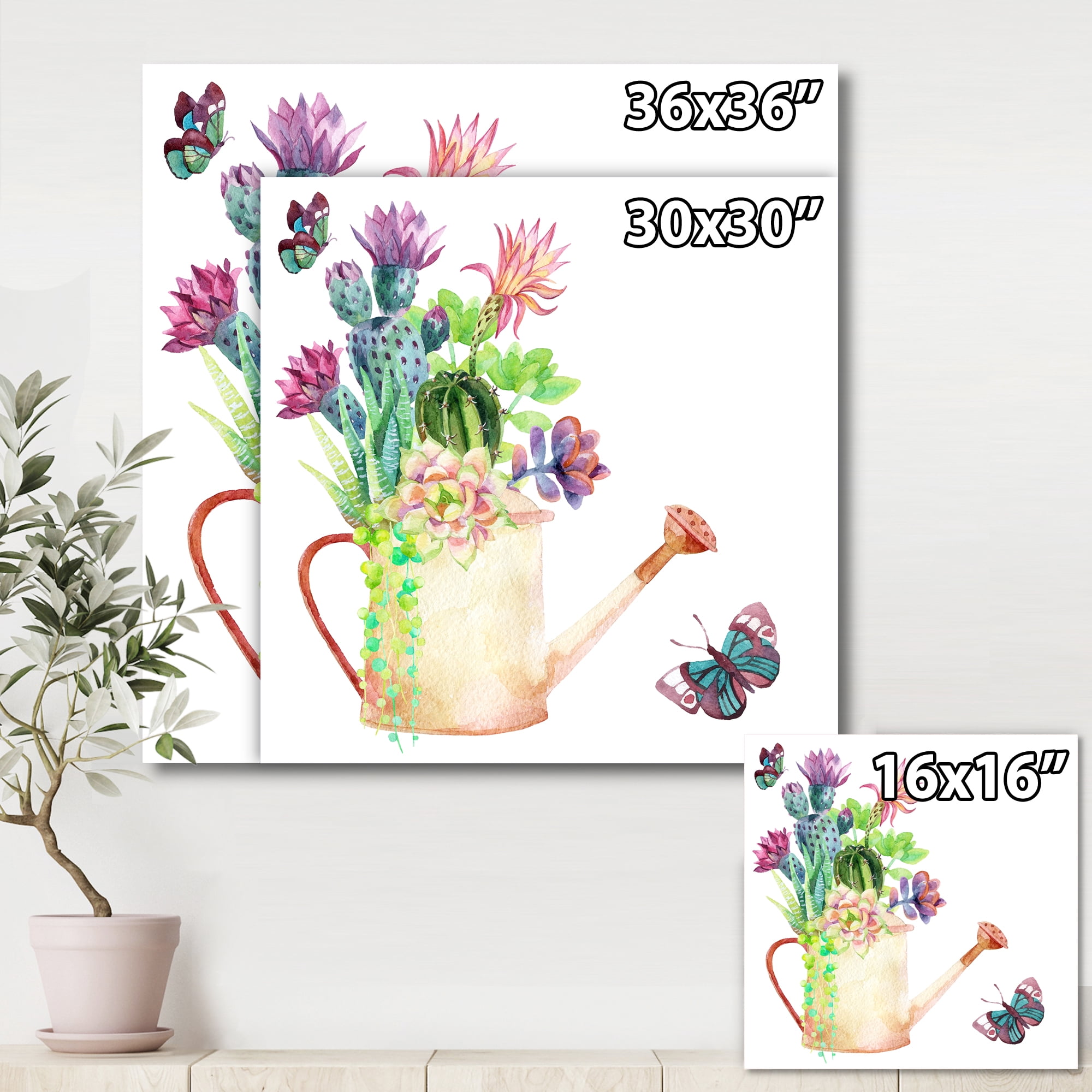 Designart ' Succulents In Old Watering Can With Butterfly ' Farmhouse Canvas Wall Art Print