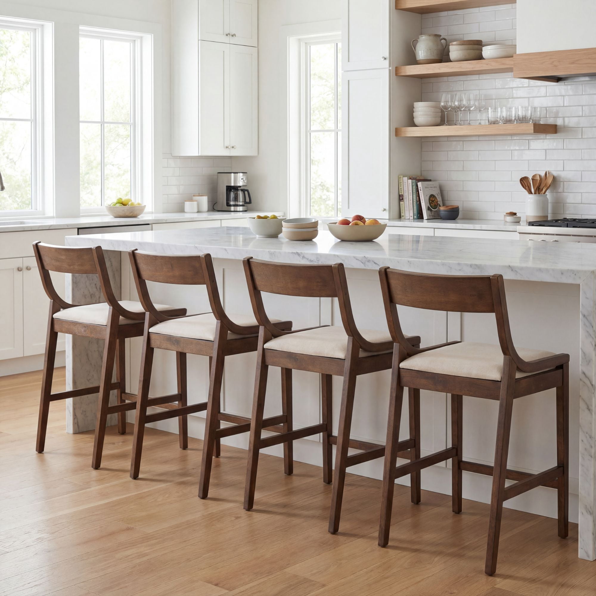 Dayalane Modern Farmhouse Bar Stools Set of 4, 26”Counter Height Bar Stools with Slatted Back, Linen Upholstered & Solid Wood Legs Barstools for Kitchen Island Dining Rooms and Home Bars, Beige