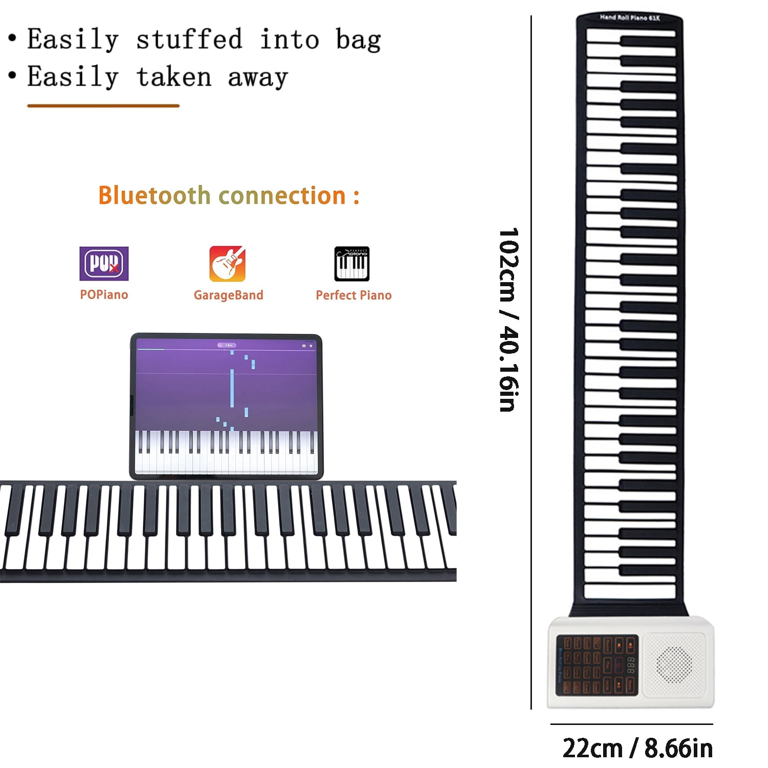 61 Key Roll Up Piano Keyboard with pedals, Electronic digital keyboard Different of Timbres, Rhythms, Songs for Beginners and Kids (Black White 61keys)