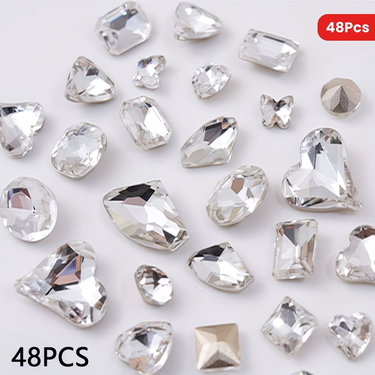 48 Pieces Big Size Mixed Different Shapes Nail Rhinestones, 16 Styles, 3D Glass Crystal Diamonds, Super Shiny Love Twisted Heart Shape Pendant Gemstones, DIY Nail Art Decoration Jewelry Craft (White)