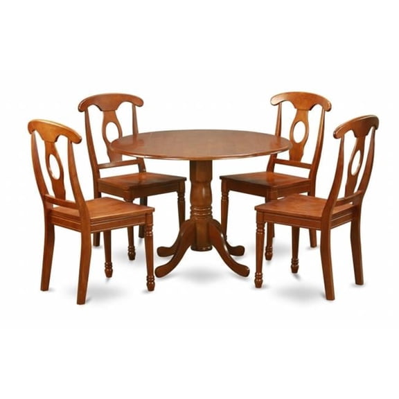 East West Furniture DLNA5-SBR-W 5PC Dinette Round Table with 2 Drop Leaves and 4 Chairs with Wood Seat