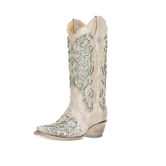 Corral Boots Women's White Glittered Inlay and Crystals Snip Toe Wedding Cowboy Boot (White, 11M US)