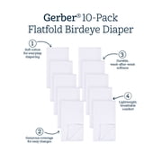 Gerber Baby Neutral White Cotton Flatfold Birdseye Diaper, 10-Pack, One Size