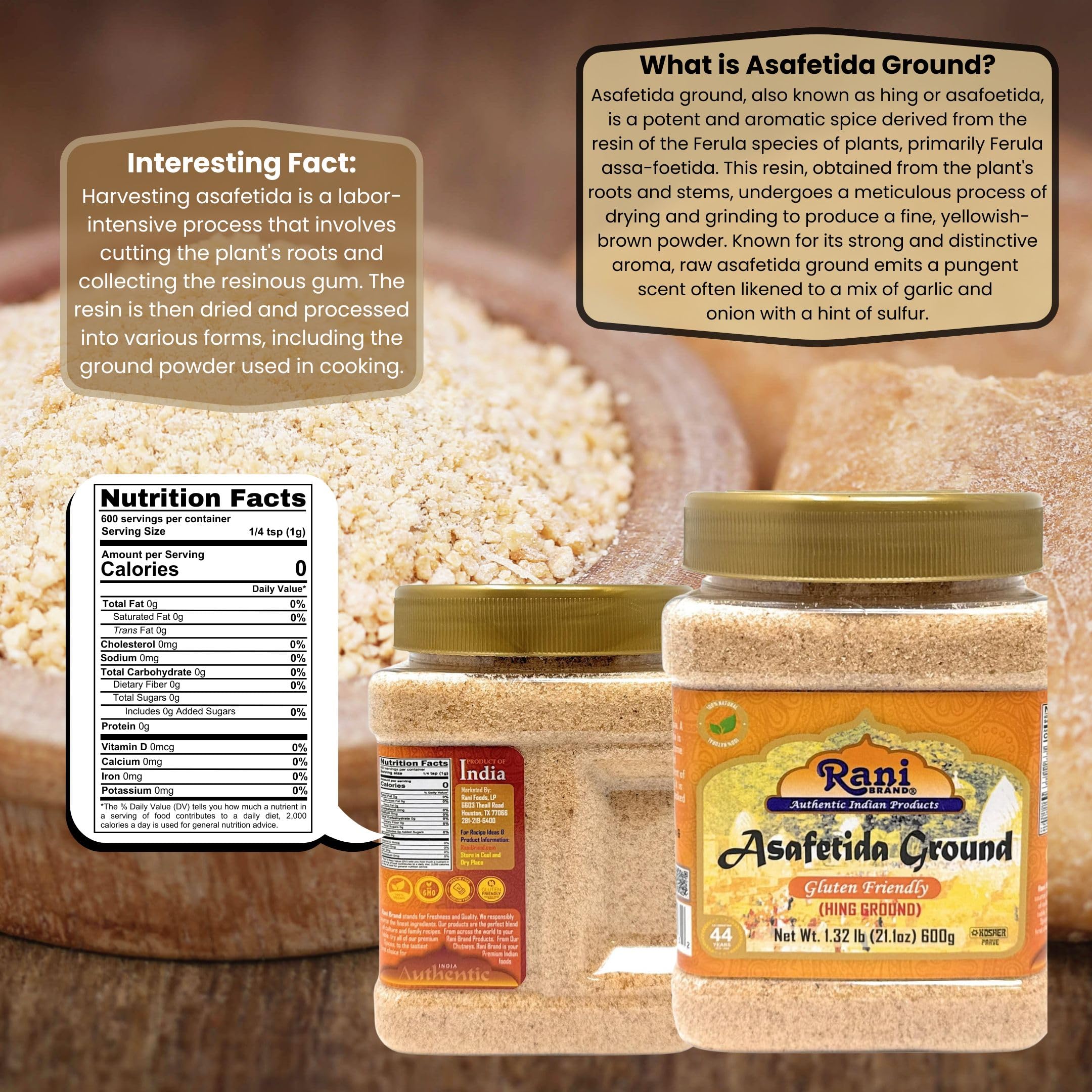 Rani Asafetida (Hing) Ground 21.1oz (1.32lbs) 600g Gluten Friendly, PET Jar ~ All Natural | Salt Free | Vegan | Non-GMO | Asafoetida Indian Spice | Best for Onion Garlic Substitute