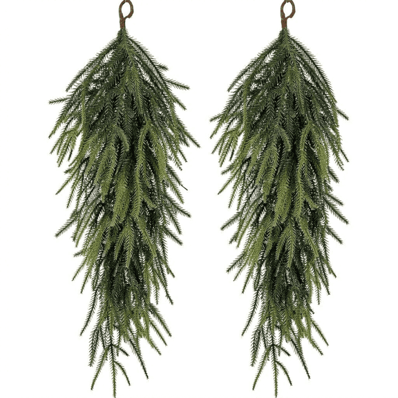 Christmas Teardrop Swag 30 Inch Set of 2, Faux Norfolk Pine Hanging Greenery Garland for Front Porch Door Mantel Fireplace Winter Decor, Indoor Outdoor Farmhouse Rustic Greenery Wreath for Holiday
