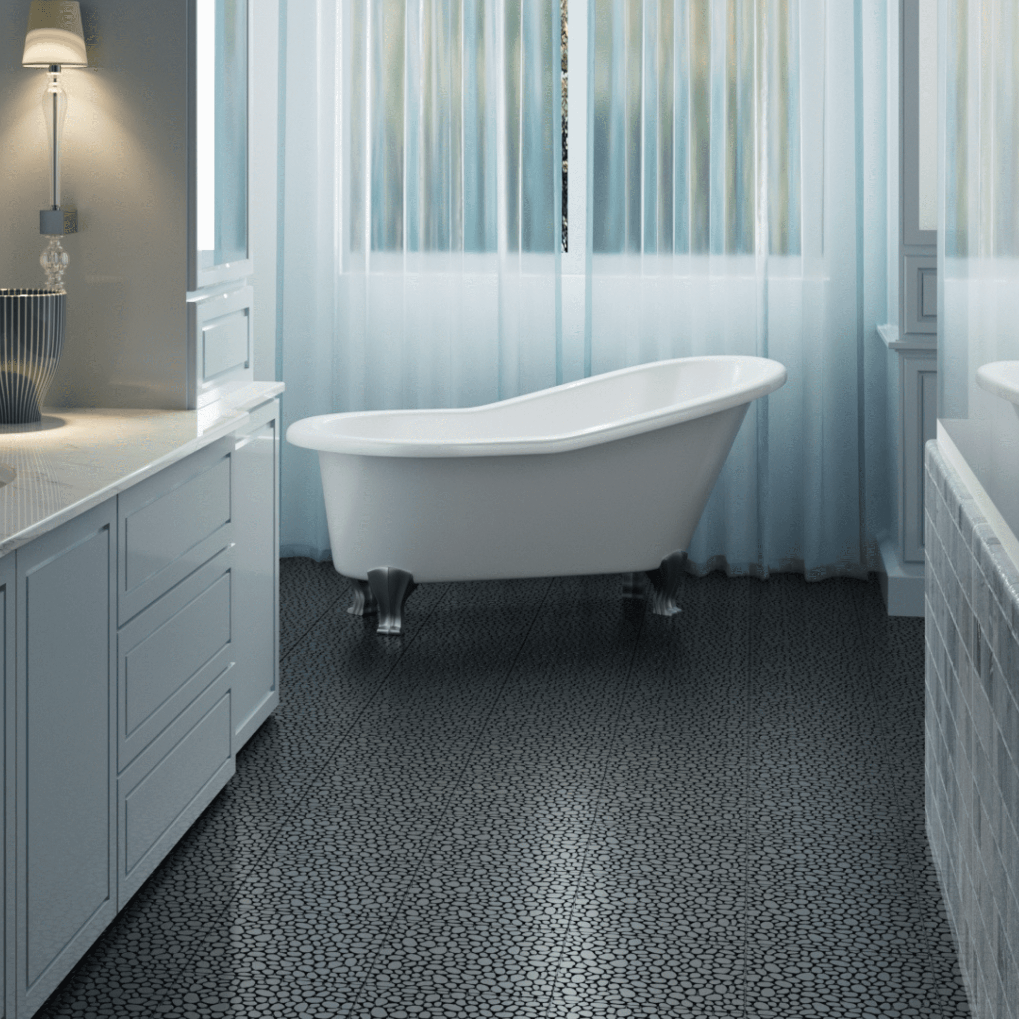 12 x 12 Inch Black Pebble Stone Pattern Interlocking Deck Tiles, Anti-slip Outdoor Floor Tiles with 440 LBS Weight Capacity for Bathroom Shower Balcony Porch Backyard Patio, Pack of 12