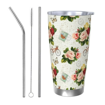 

Qekee Vintage Bike Flower Butterfly Print 20OZ Car Cup Stainless Steel Vacuum Insulated Tumbler Tumbler Cup With Lid And Straw Travel Coffee Mug-Straw Three-piece Set