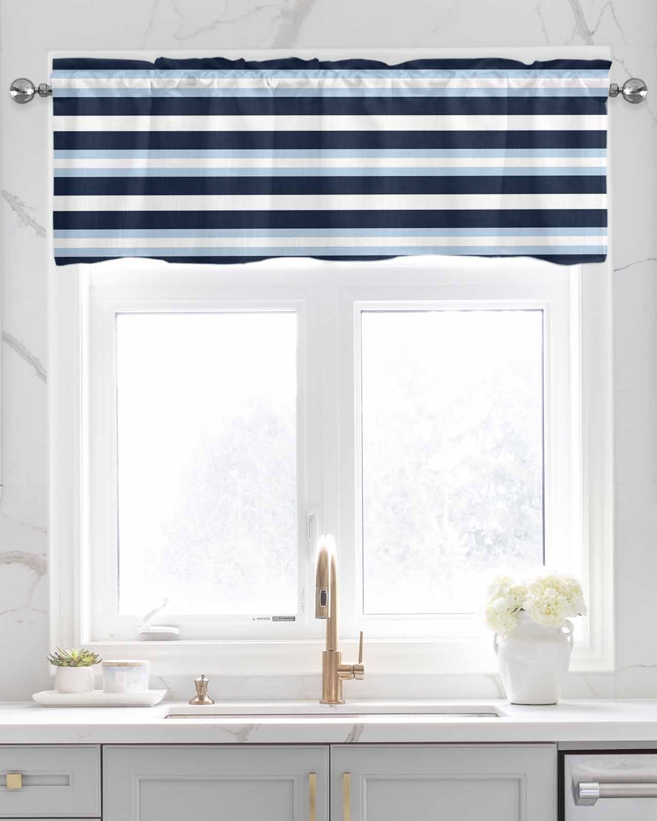 Blue Navy Striped Kitchen Valances for Windows Farmhouse Linen Window Valance Curtain for Living Room Window Treatment Modern Ombre Abstract Lines Pattern Valance Rod Pocket Topper, 60 x 18 Inch