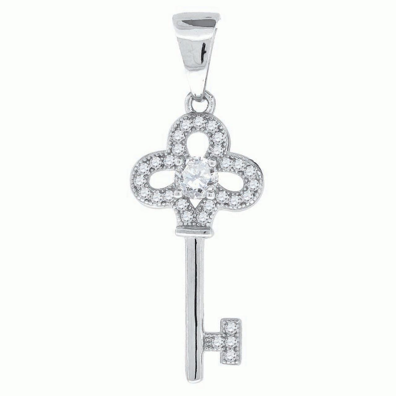 FB Jewels 925 Sterling Silver Womens Round CZ Key with Cross Cluster Fashion Pendant 