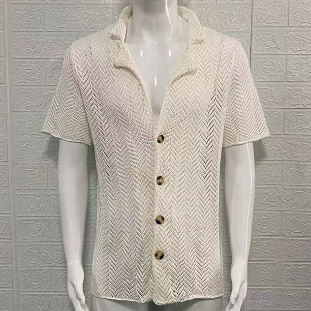 Camisa de punto hueca de verano para hombre, de color liso, ajustada, con solapa, de manga corta, ropa informal europea y americana para hombre