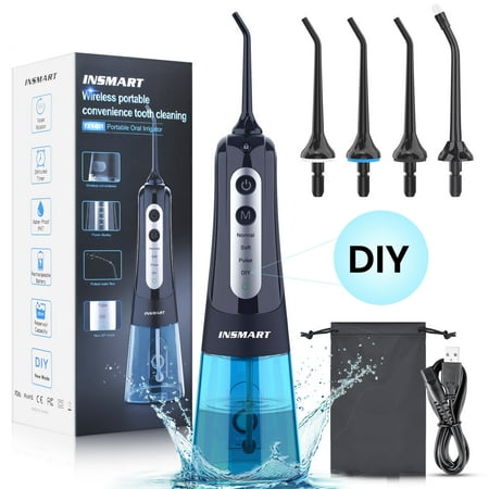 Cordless Water Flosser Dental Teeth Cleaner, INSMART Professional 300ML Tank DIY Mode USB Rechargeable Dental Oral Irrigator for Home and Travel, IPX7 Waterproof 4 Modes Irrigate for Oral Care