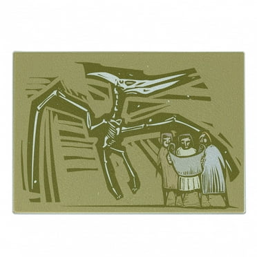 Bones Cutting Board, Woodcut Style Image of Paleontologists Studying a Dinosaur Fossil, Decorative Tempered Glass Cutting and Serving Board, in 3 Sizes, by Ambesonne