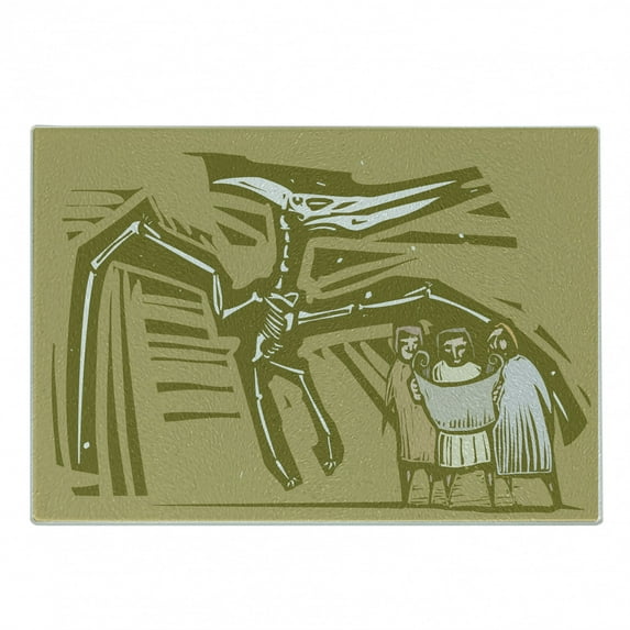 Bones Cutting Board, Woodcut Style Image of Paleontologists Studying a Dinosaur Fossil, Decorative Tempered Glass Cutting and Serving Board, in 3 Sizes, by Ambesonne