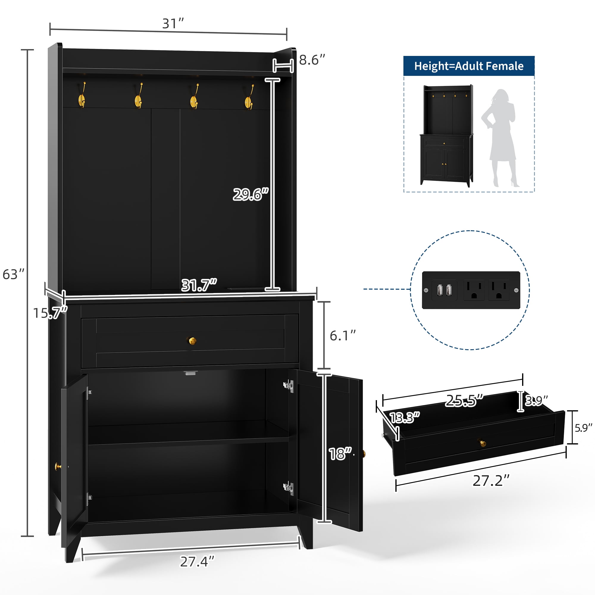63" Pantry Cabinet, Kitchen Pantry Storage Cabinet with Outlet, Kitchen Hutch with Microwave Shelf & 4 Hooks, Door Shelves & Drawer & Adjustable Shelves, for Dining Room