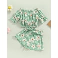 thumbnail image 2 of Bagilaanoe 2pcs Toddler Baby Girl Short Pants Set Floral Print Short Sleeve Off Shoulder Tops + Shorts with Belt 12M 18M 24M 3T 4T 5T Kids Casual Summer Outfits, 2 of 9