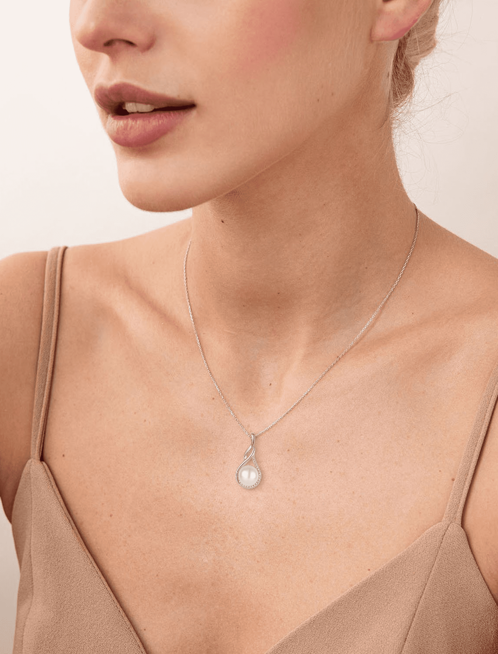 PYNZY Infinity Pearl Necklace for Women, 925 Sterling Silver 18K White Gold Plated CZ Pearl Pendant Necklace 9MM Freshwater Cultured Pearl Jewelry Gift