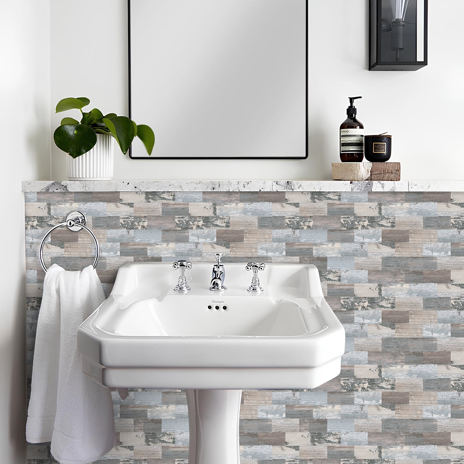 DEWOO 10-Sheet Peel and Stick Backsplash Wall Tile Self Adhesive, Stickon Tile for Kitchen Backplash, Bathroom Vanities, Fireplace Decor, Laundry Table, Stair Decals in Spruce Grey Rustic