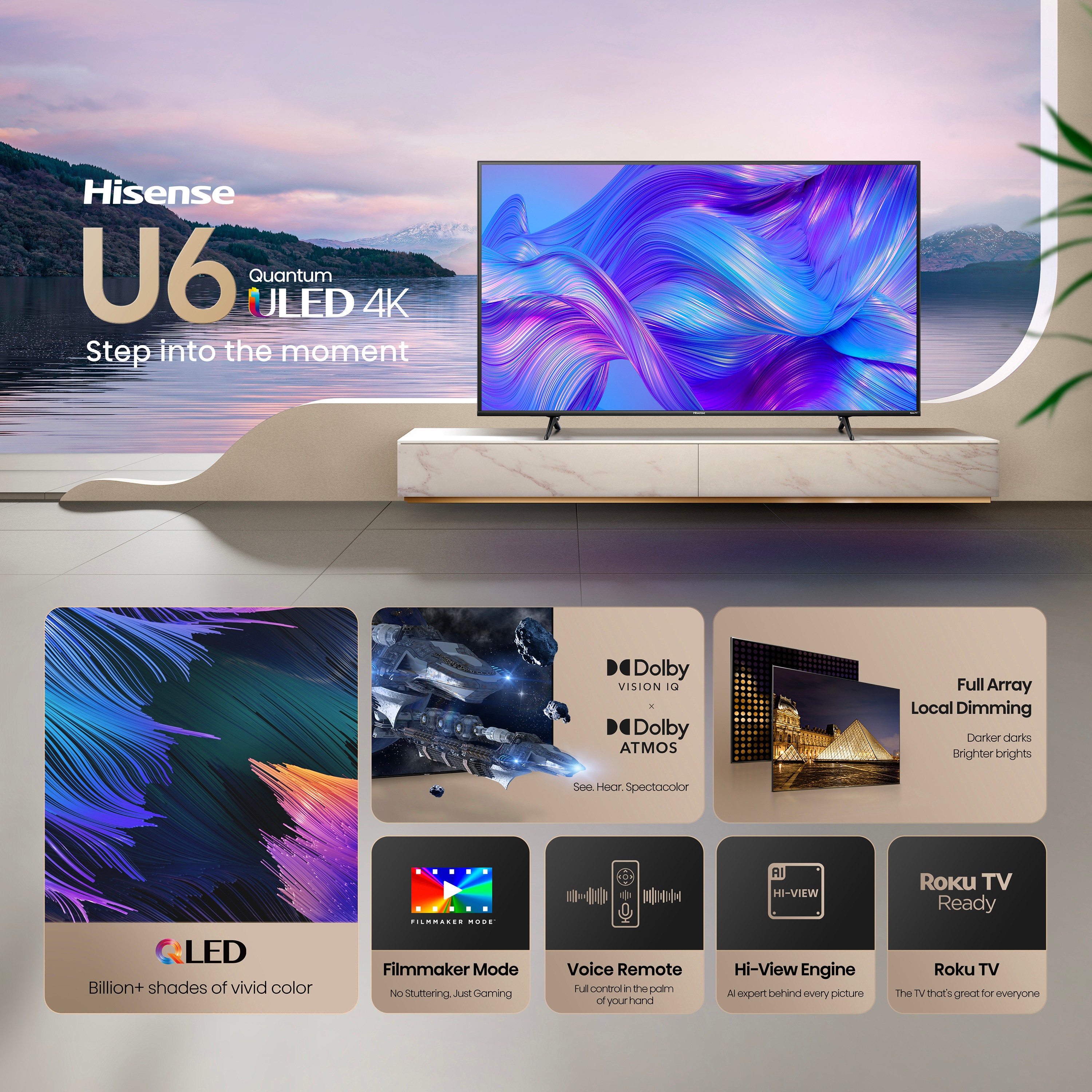 Hisense 65" Class U6HR Series QLED 4K UHD Roku Smart TV (65U6HR, 2024 Model) - QLED, Dolby Vision  Atmos, Motion Rate 240, Full Array Local Dimming, Voice Remote