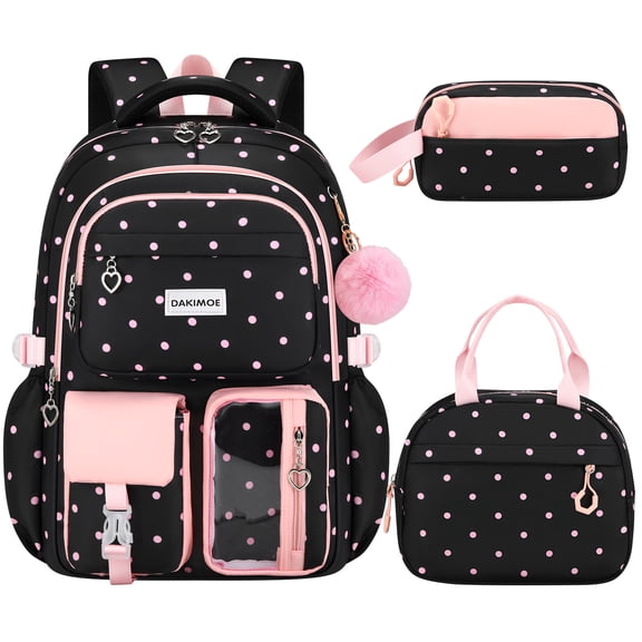 DAKIMOE Cute School Backpack Set for Kids with Lunch Tote Pencil Case Durable Water-Resistant Girls Bookbag for Elementary Middle School