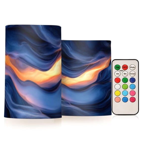 Deep Blue Abstract Shapes Flickering Flameless Candles Battery Operated with Remote Timer LED Pillar Candles Set of 2