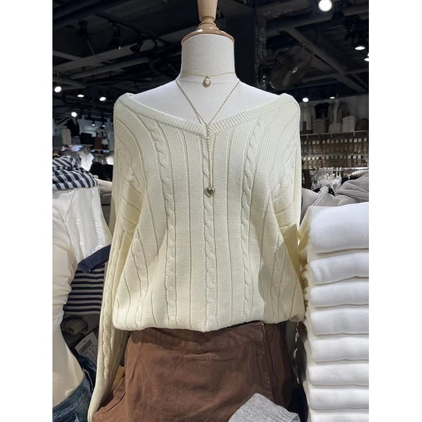 Suéter vintage de punto beige con cuello en V para mujer, estilo preppy dulce, jersey holgado de algodón con flores retorcidas, suéteres lisos de otoño Harajuku