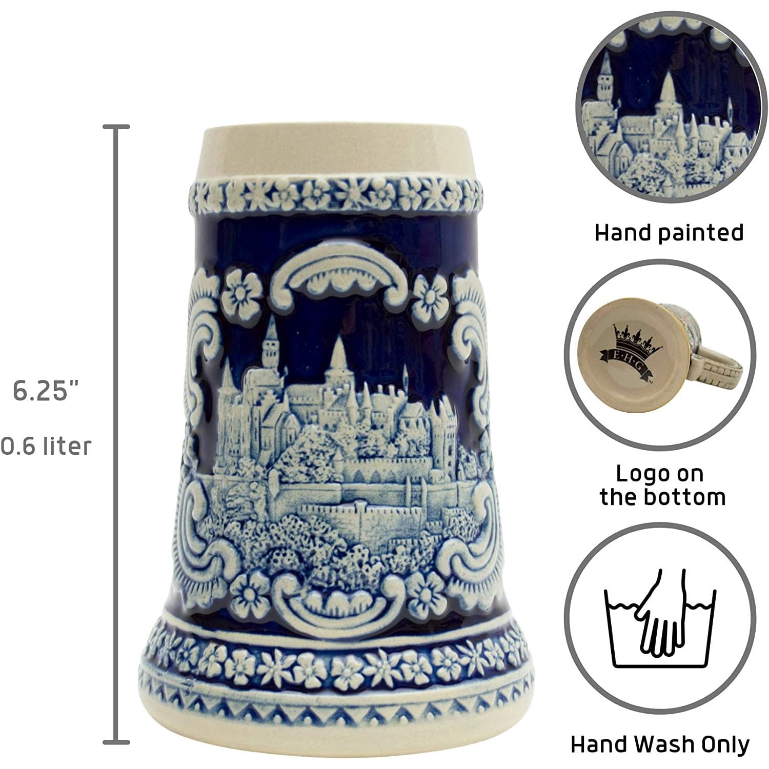 E.H.G. Munich Beer Wagon Stoneware Beer Stein | 0.5 Liter, Hand Painted, Ceramic With Metal Lid, Oktoberfest Gift