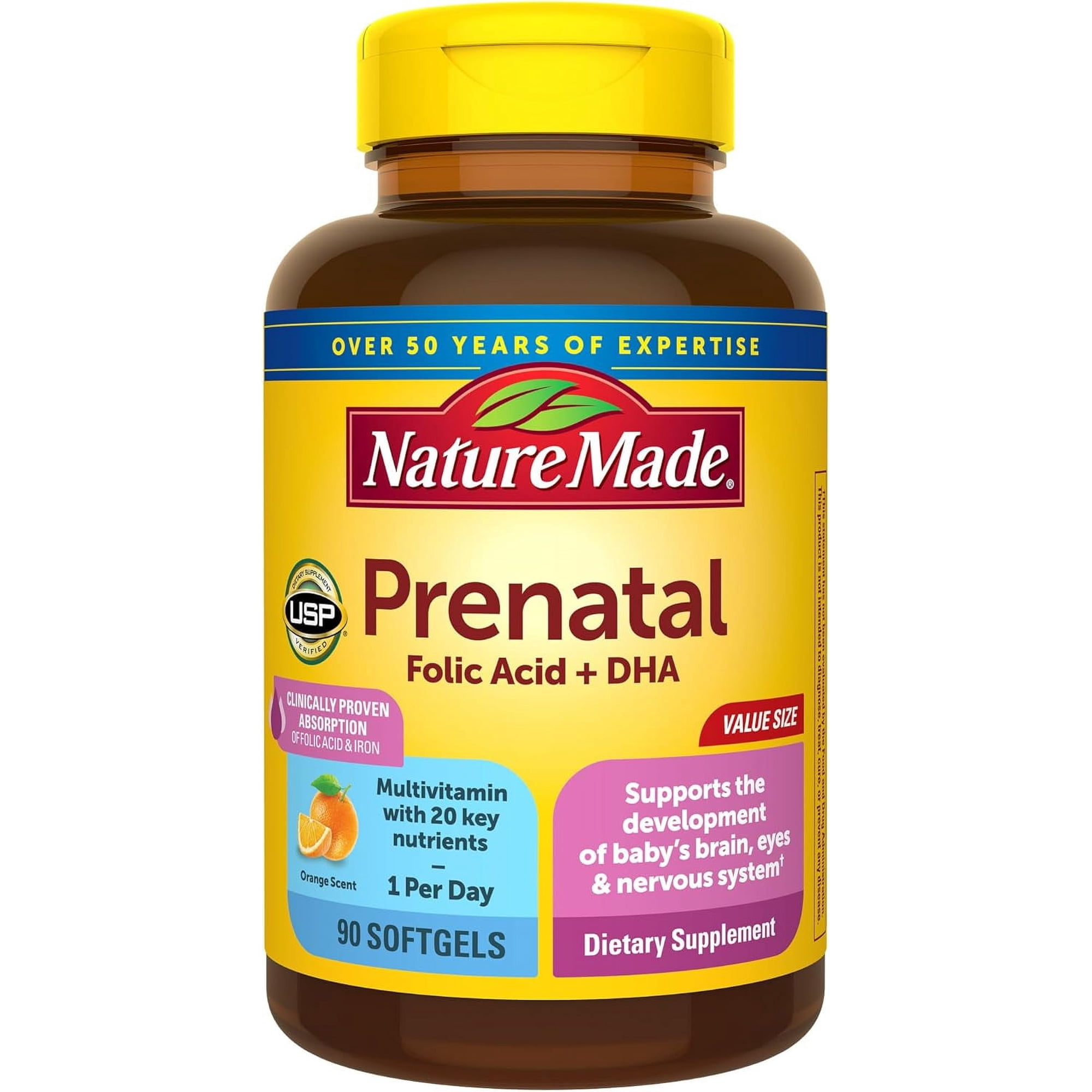 Nature Made Prenatal Folic Acid + DHA, Orange, 90 Softgels
