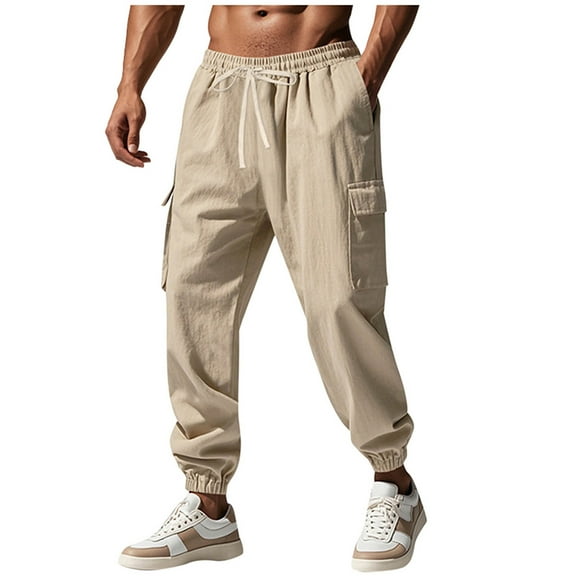 Taqqpue Mens Cotton Linen Cargo Pants Solid Color Elastic Waist Drawstring Tapered Pant Summer Casual Lightweight Long Trousers with Pockets