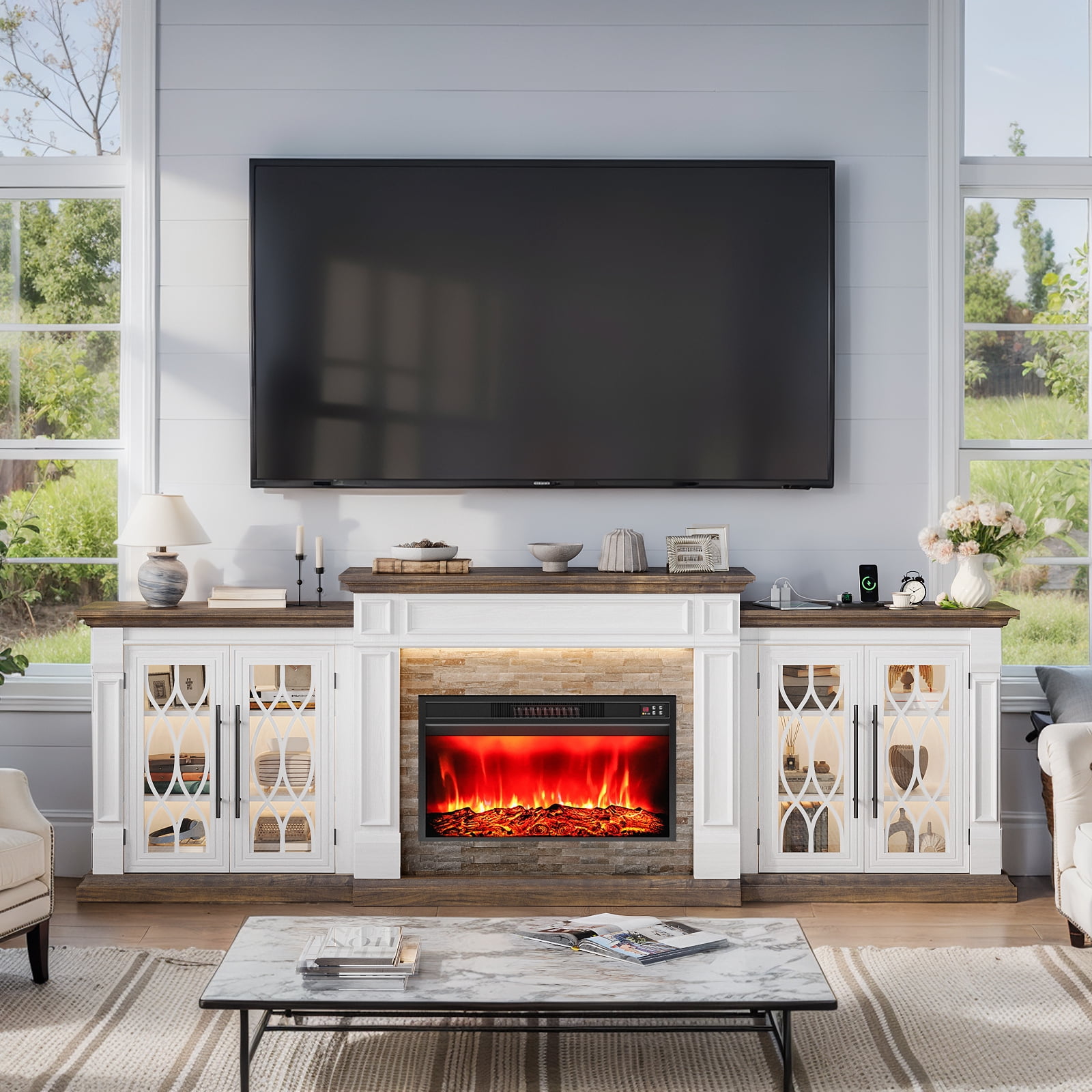 LGHM 104" TV Stand with 30" Electric Fireplace & Charging Station & LED Lights, Large Farmhous Entertainment Center with Storage Cabinet, Media Console for Living Room, White Brown