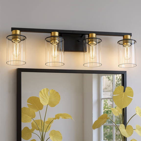 YANSUN 27.2 in 4-Light Black and Gold Bathroom Vanity Light Fixtures Over Mirror with Clear Glass Shades for Bathroom, Powder Room, Vanity Table