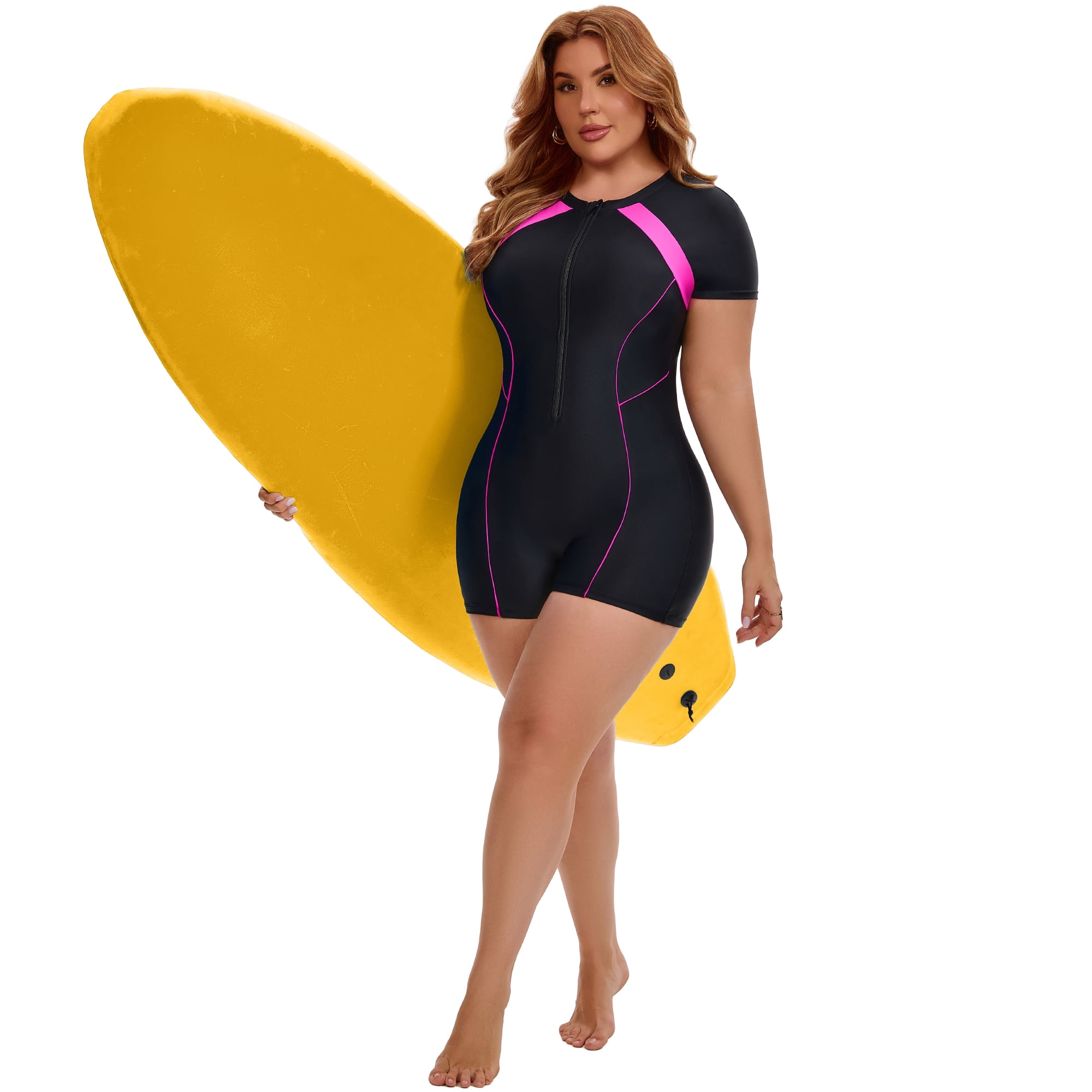 DARING DIVA Women's Plus 1 Piece Surfing with Short Swimwear 4X Black Fuchsia