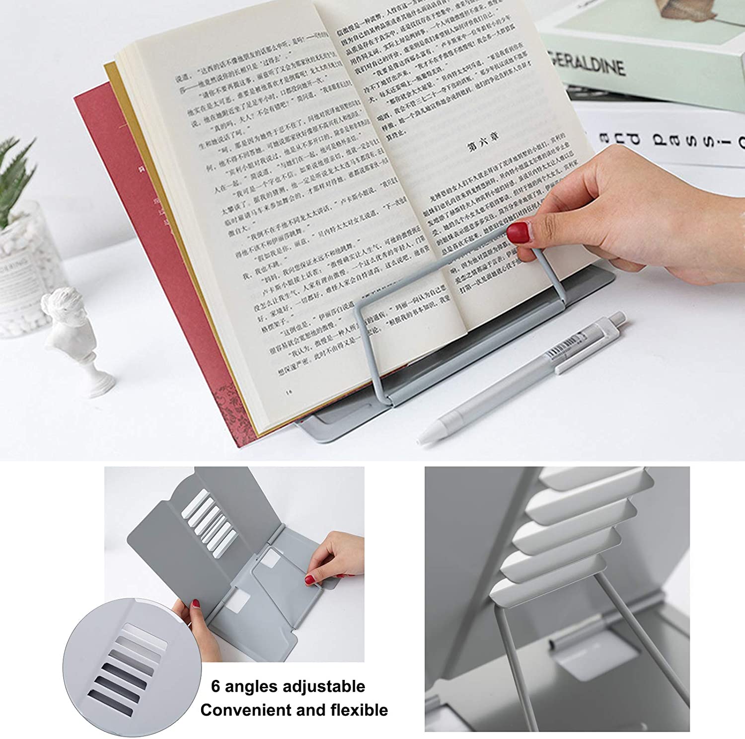 MSDADA Desk Book Stand Metal Reading Rest Book Holder Angle Adjustable Stand Document Holder Portable Sturdy Lightweight Bookstands-Textbooks Tablet