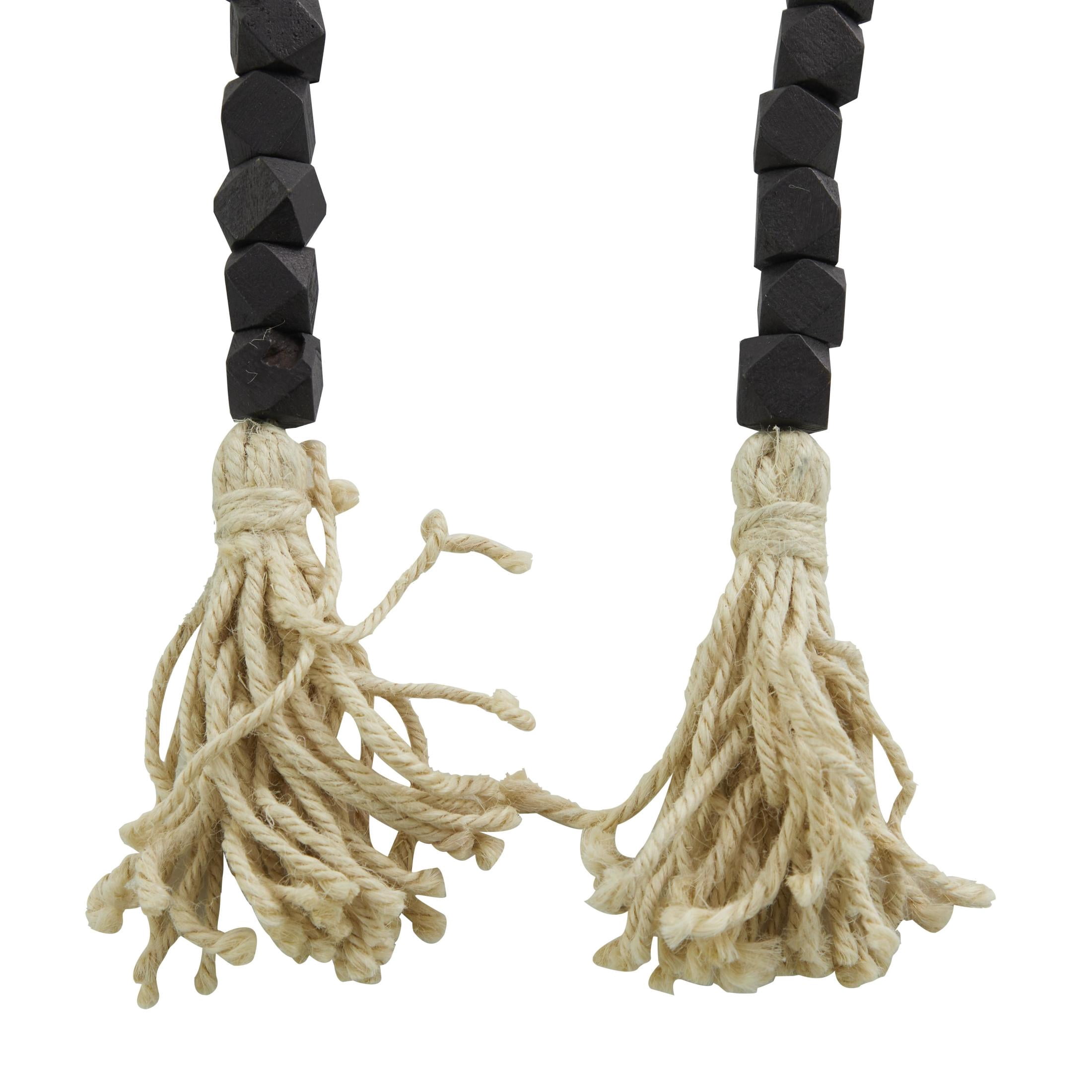 DecMode Black/Gray Wood Bohemian Garland Décor with Geometric Bead Details and Cream Cotton Tassel, 81"L