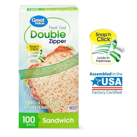 Great Value Fresh Seal Double Zipper Sandwich Bags, 100 Count