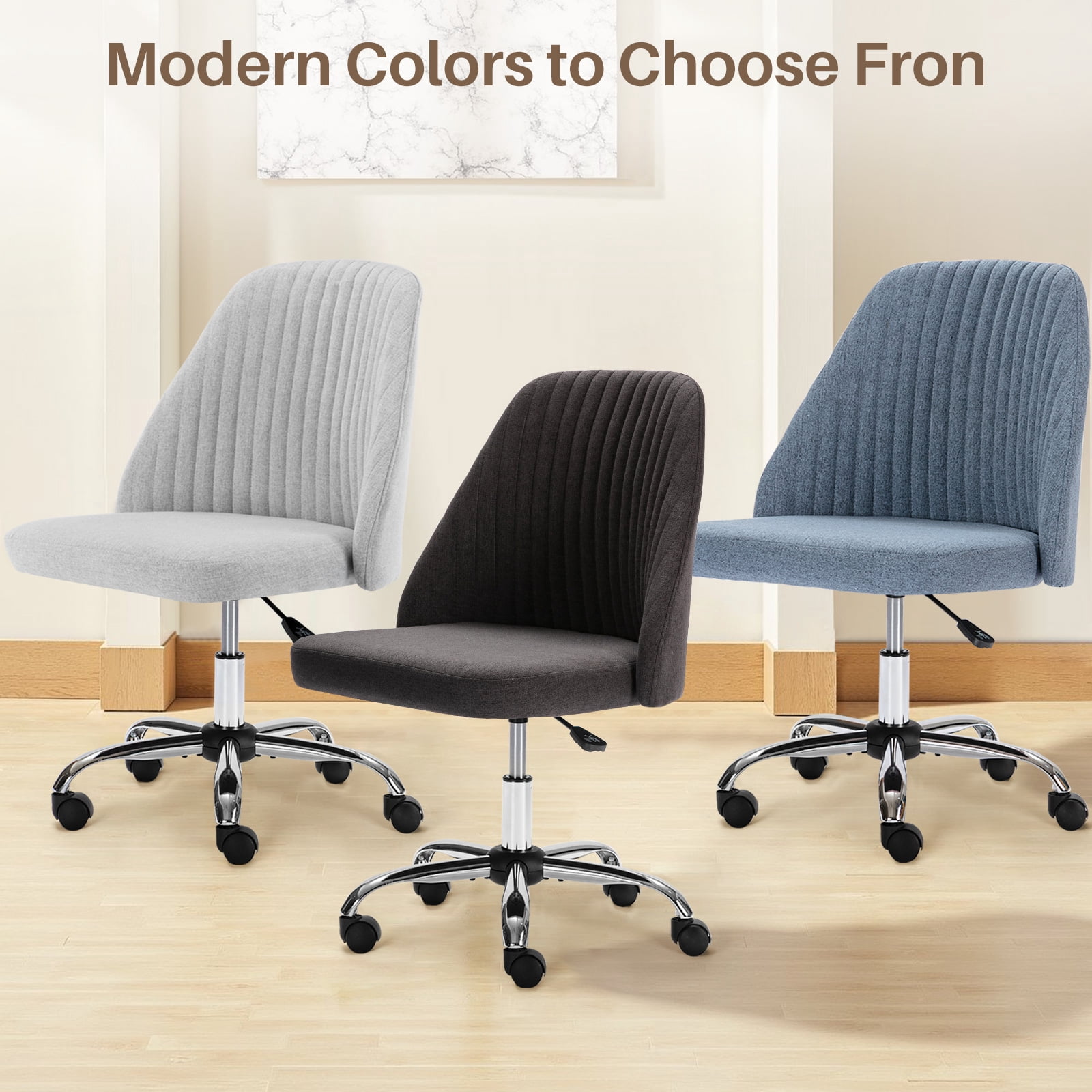 Colorful Linen Desk Chair, Comfy Thick Seat with Swivel Wheels, Armless Task Chair, Blue
