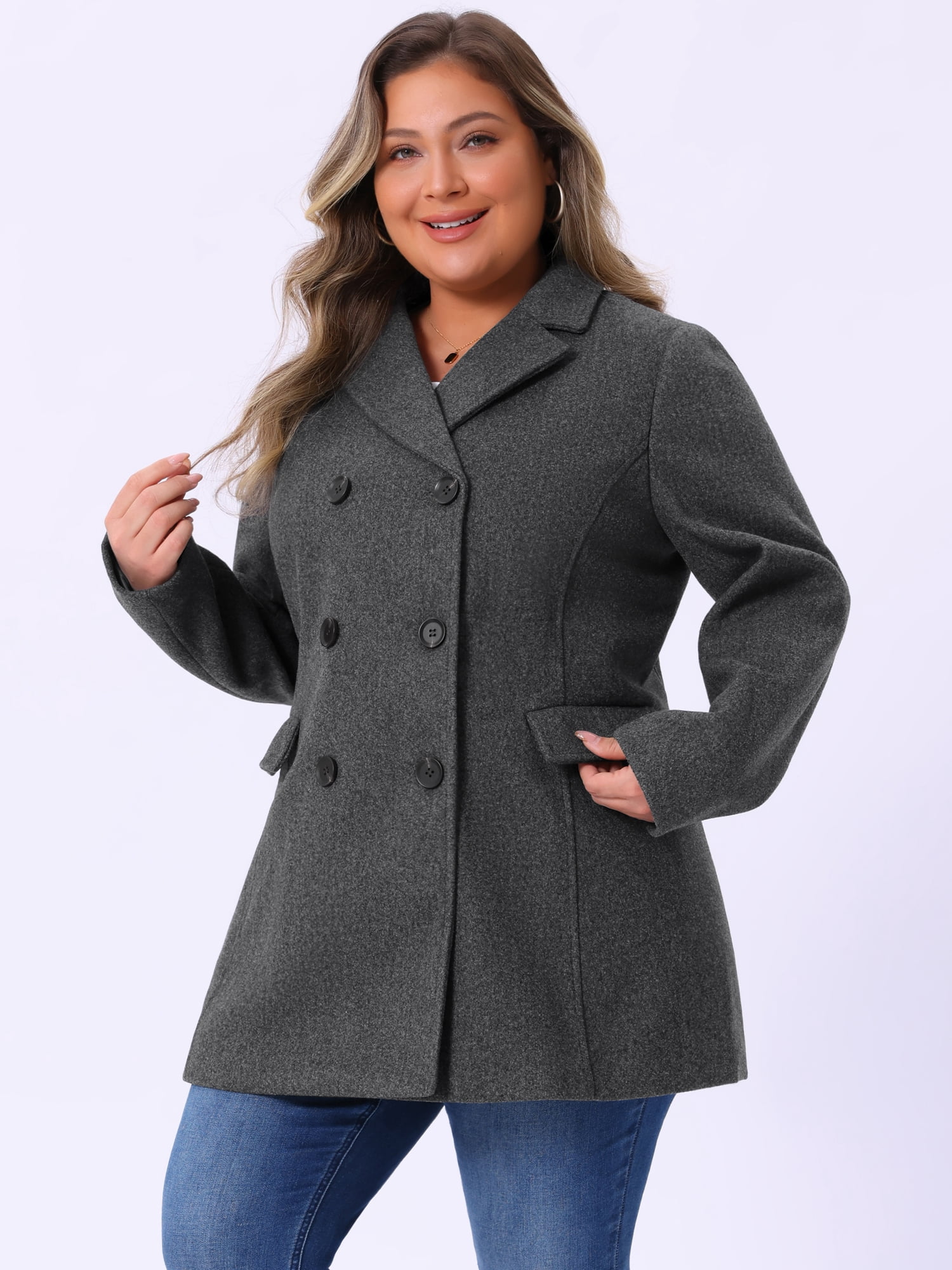 DARING DIVA Women's Plus Size Notched Lapel Double Breasted Long Coat 1X Dark Grey