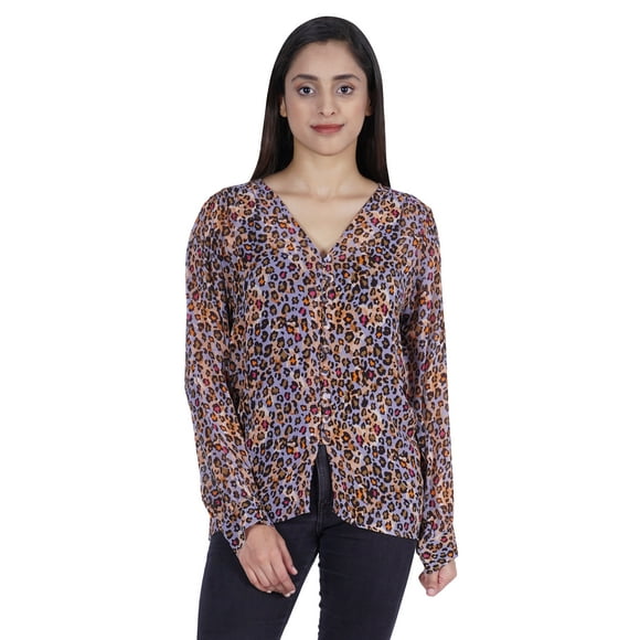 Moomaya Chemise Boutonnée Imprimée pour Femme T-Shirt à Manches Longues Tunique à Col en V