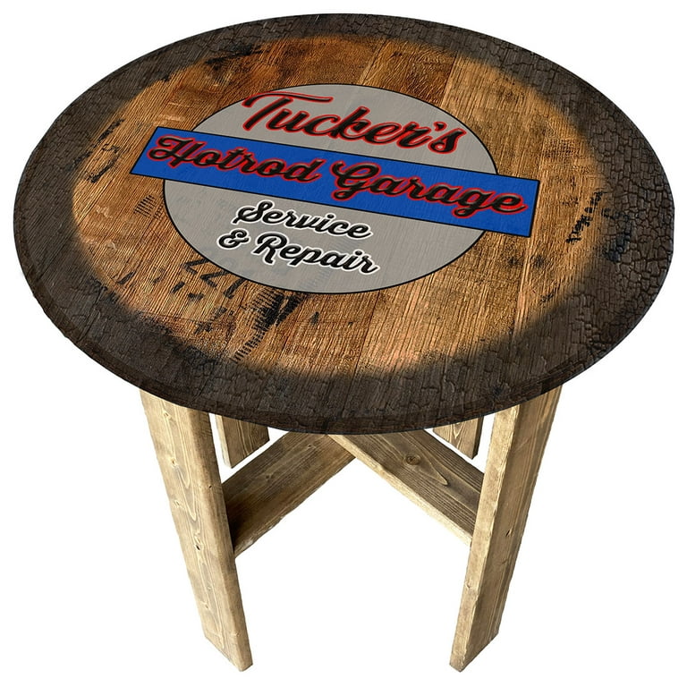 Old Service Station Garage Garage Gifts for Men Farmhouse Rustic Round  Whiskey Barrel End Table 
