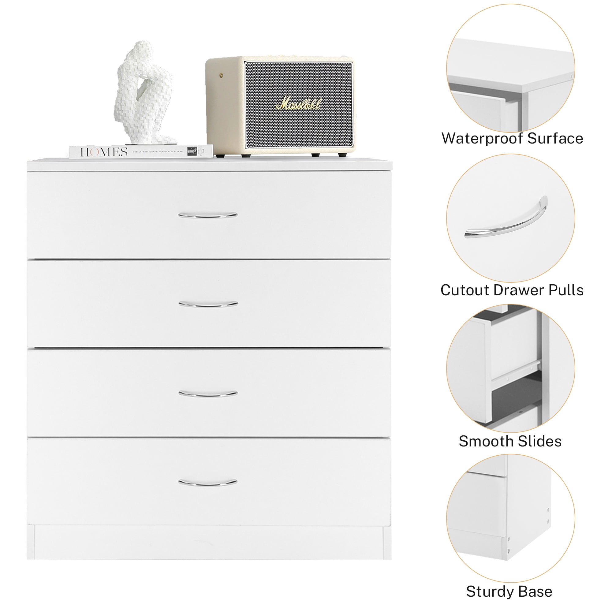 PAPROOS Modern White 4 Drawer Dresser, Chest of Drawers for Bedroom, Storage Cabinet Nightstand Dresser Organizer Unit with Handle for Living Room, Closet, Hallway