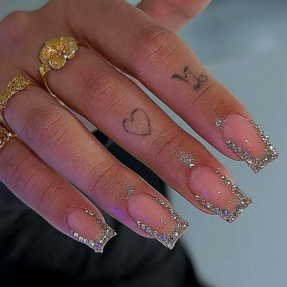 Short Square Artificial Nails with Rhinestones Design French Tips Full Covers on False Nails 24Pcs