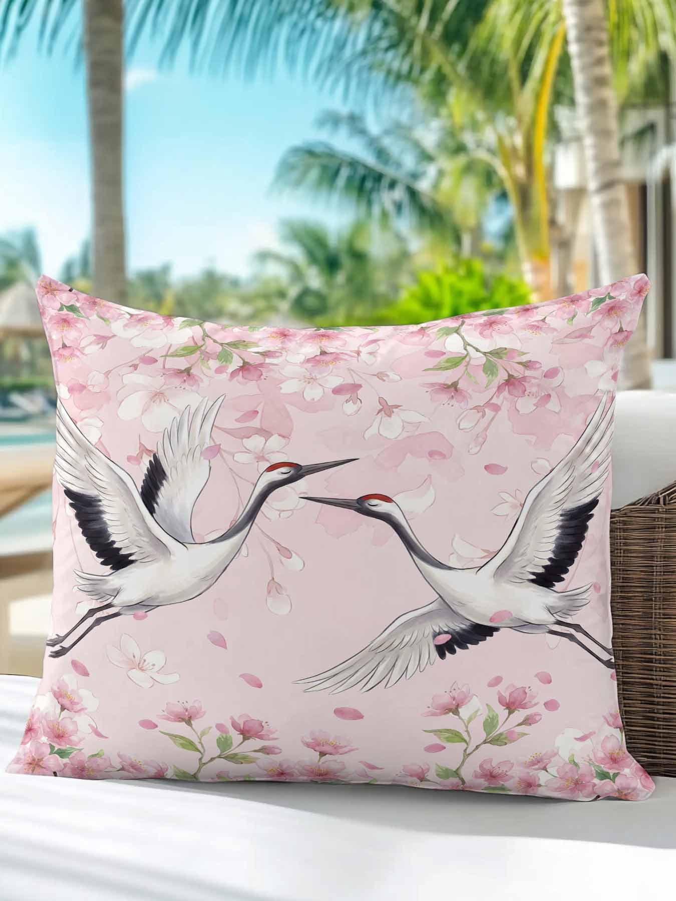 1 Pack Outdoor Pillows Waterproof, Cherry Blossom Crane Indoor/Outdoor Throw Pillows with Inserts, Pink Spring Modern Farmhouse Floral Decorative Pillow for Patio Furniture Chairs Couch