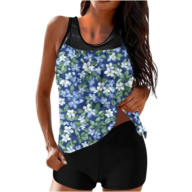 Trajes de baño Amzcrzy Tankini para mujer, trajes de baño, trajes de baño de dos piezas con control de abdomen, bikini de cintura alta conservador, estampado de moda, multicolor, L
