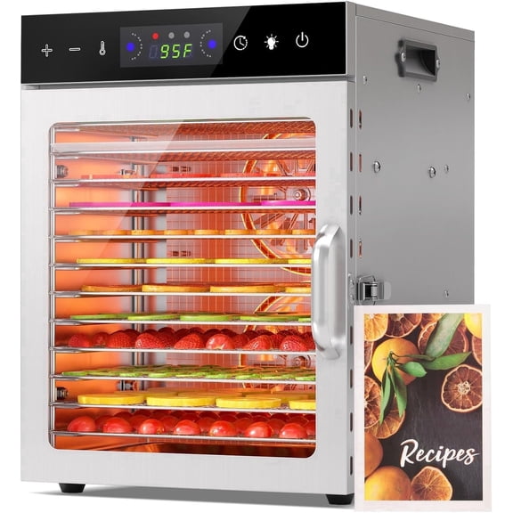 PNKKODW 800w Food Dehydrator Machine with 12 Stainless Steel Trays, Digital Timer & Adjustable Temp Control, Overheat Protection, Food Dryer for Jerky, Herbs, Fruits